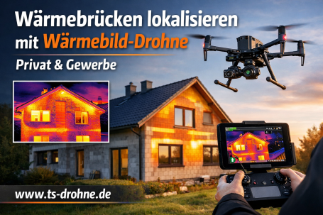 Wärmedrohne lokalisiert Wärmebrücken an einem Haus, Werbung für private und gewerbliche Nutzung.