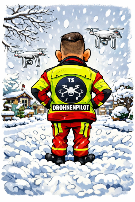 Person in gelber und roter Winterjacke steht im Schnee, überwacht zwei Drohnen.