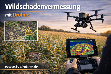 Drohne über einem Feld zur Wildschadenvermessung, mit einer Warnzeichen-Grafik.